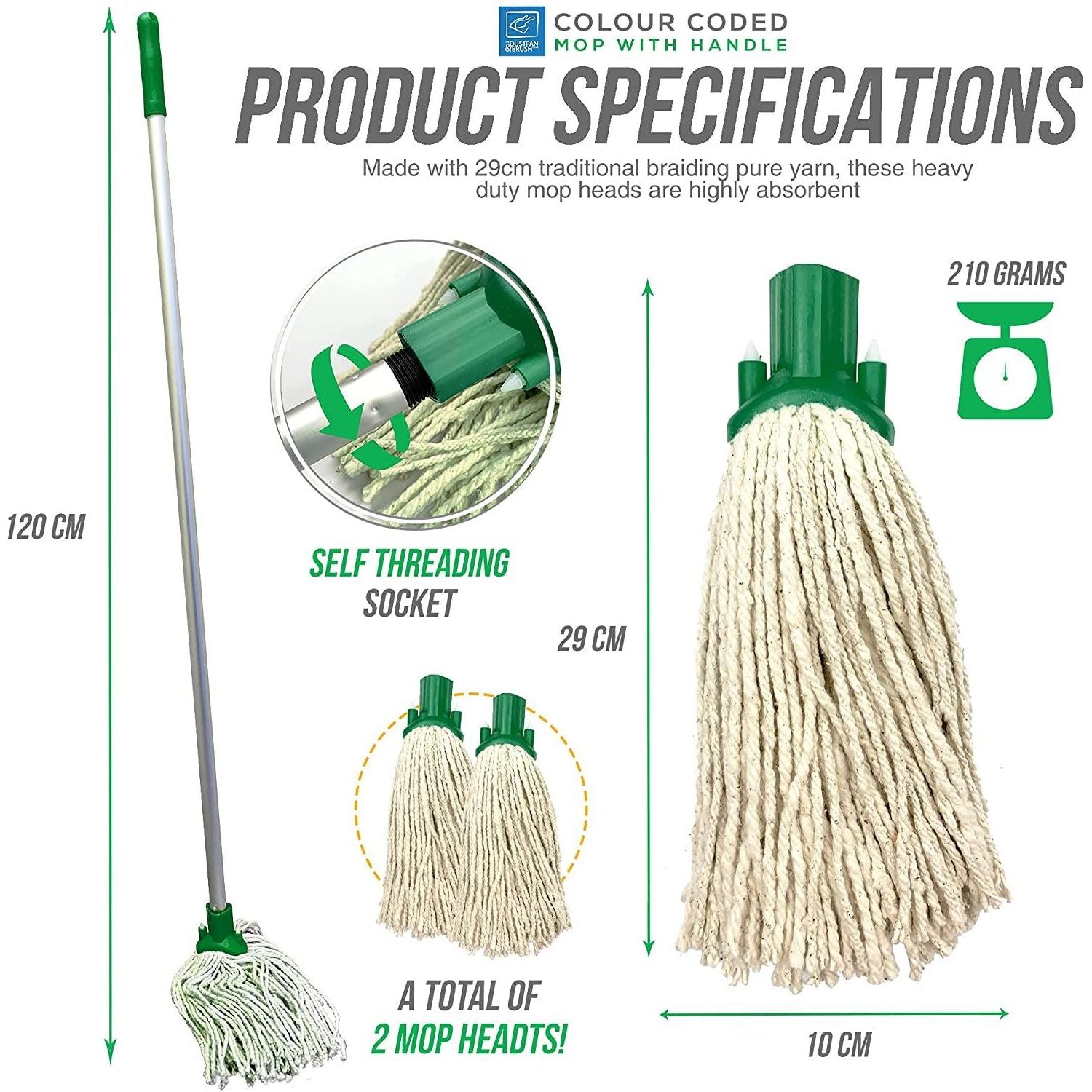 Green Aluminium Handle with 2 Cotton Mop Heads - 12PY