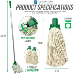 Green Aluminium Handle with 2 Cotton Mop Heads - 12PY