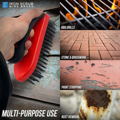 A multi-purpose iron scrub brush with a red and black handle is shown being used to clean a wooden surface, alongside four demonstration panels for BBQ grills, stone & brickwork, paint stripping, and rust removal.