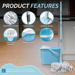 A light blue wringer bucket mop set with a white cotton mop head, shown in a kitchen interior with feature callout circles and the text 'PRODUCT FEATURES' and 'INDOOR CLEANING WRINGER BUCKET & COTTON MOP'.