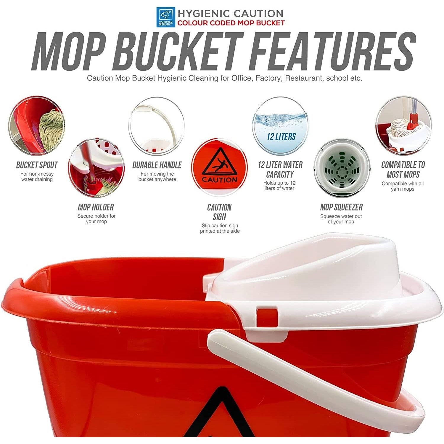 Colour Coded Red/White Caution Warning Mop Bucket