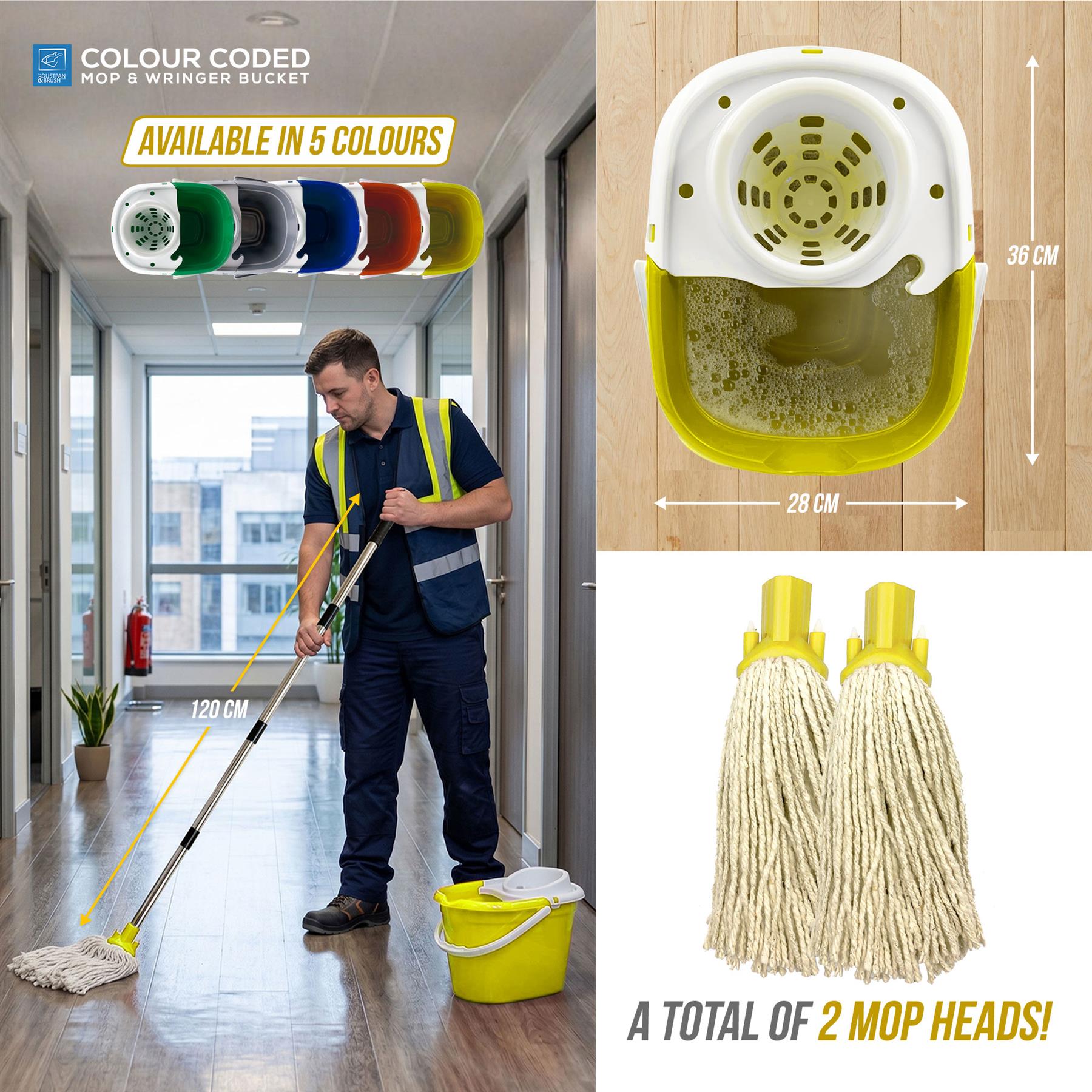 Mop and bucket cleaning set with mop heads and color options displayed.