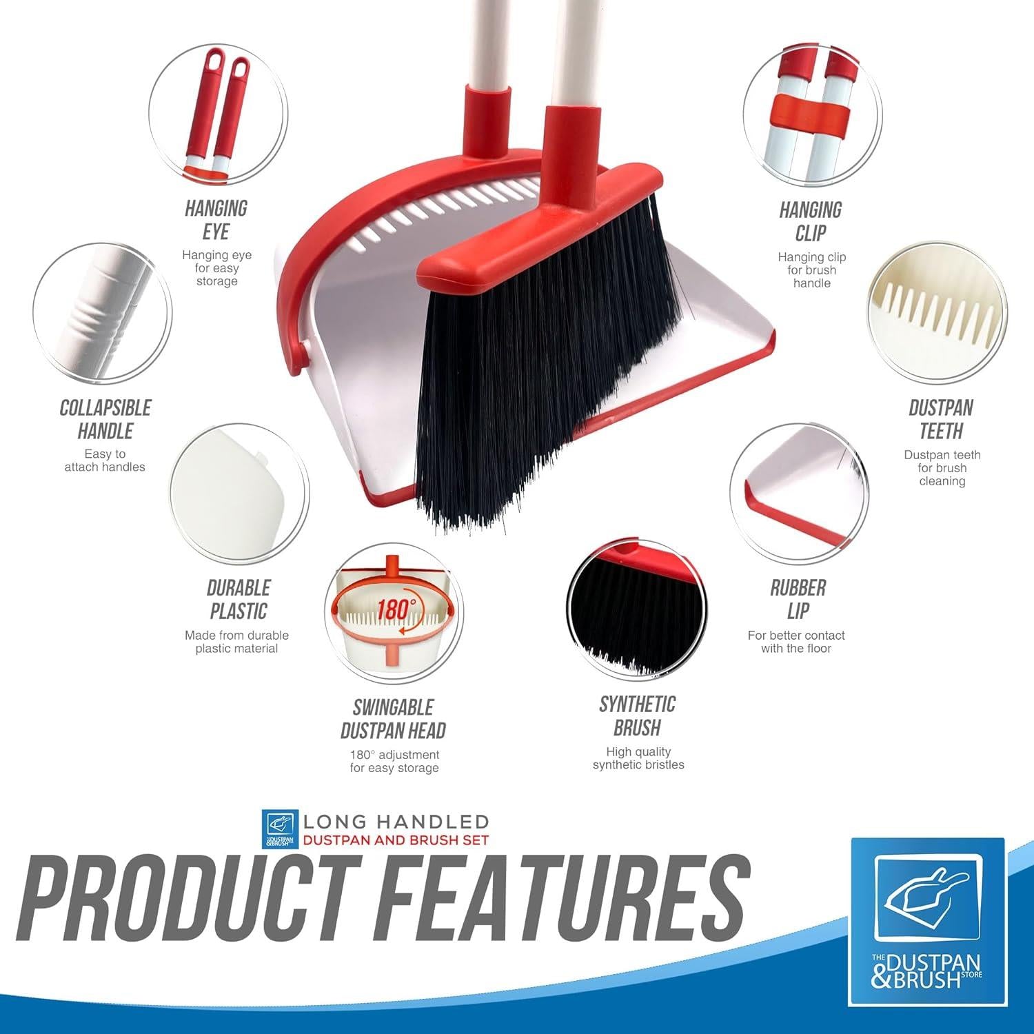 White & Red Long Handled Dustpan Set