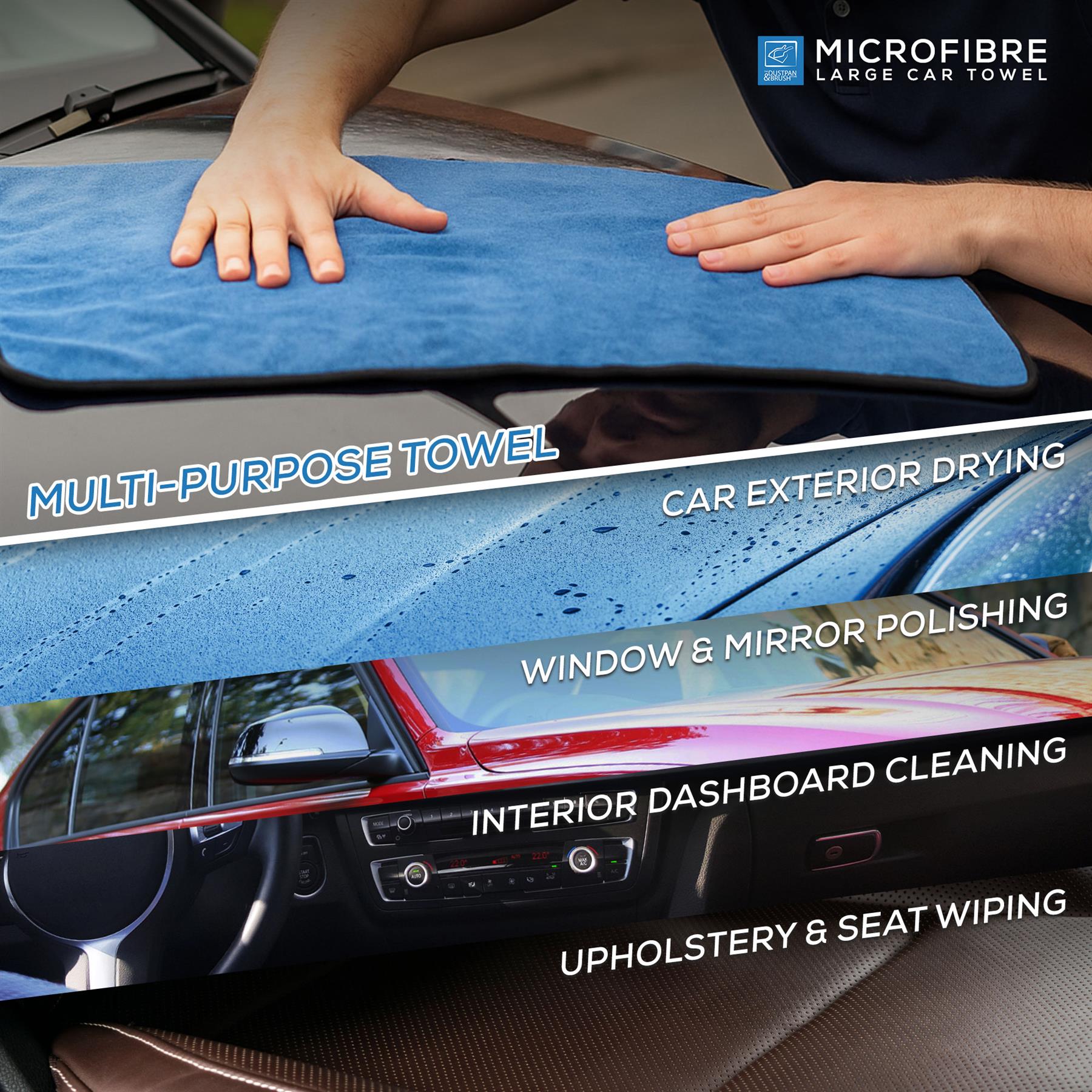 A blue microfibre large car towel being held by a person over a car windshield, with text overlays showing its uses: car exterior drying, window and mirror polishing, interior dashboard cleaning, and upholstery & seat wiping. The brand logo 'MICROFIBRE LARGE CAR TOWEL' appears in the top right.