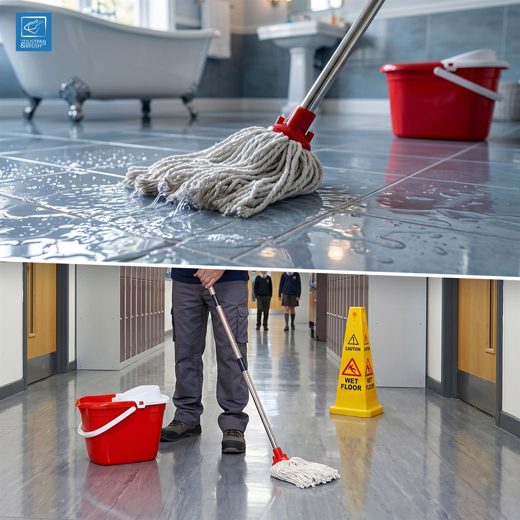 A split-screen image showing a floor mop in use. The top half shows the gray microfiber mop head and handle resting on wet, water-dripped dark gray tiled flooring, with a red bucket in the background.