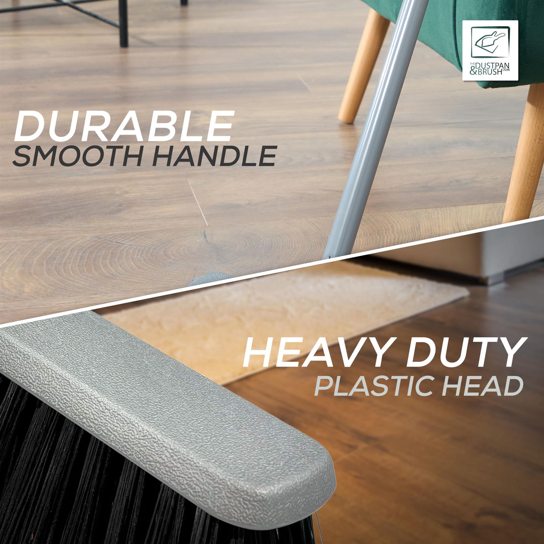 Silver Indoor Stiff Sweeping Brush Head and Handle Kitchen Broom Floor Sweeper - The Dustpan and Brush Store