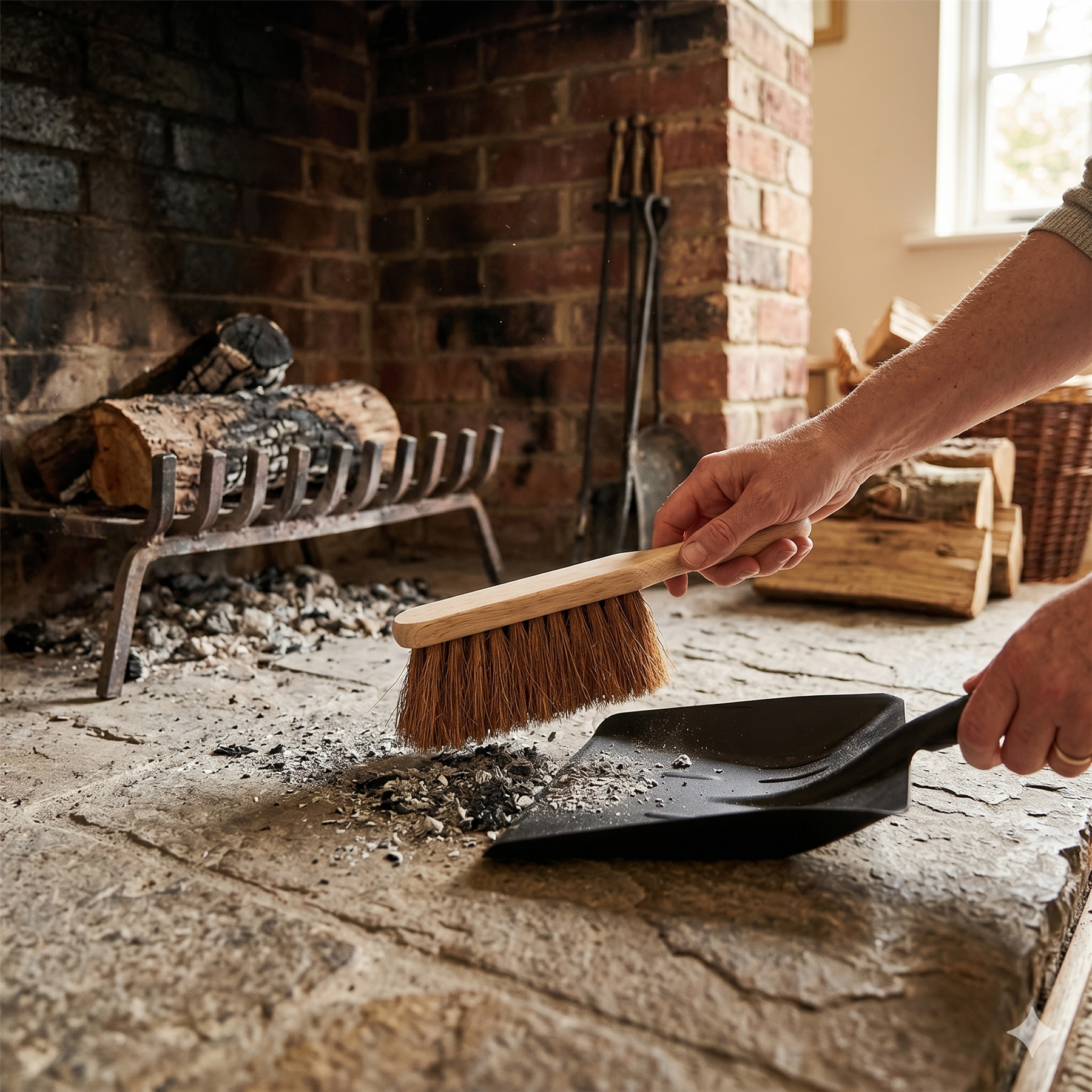 Person cleaning a fireplace with a brush and shovel, with logs and tools in the background.
