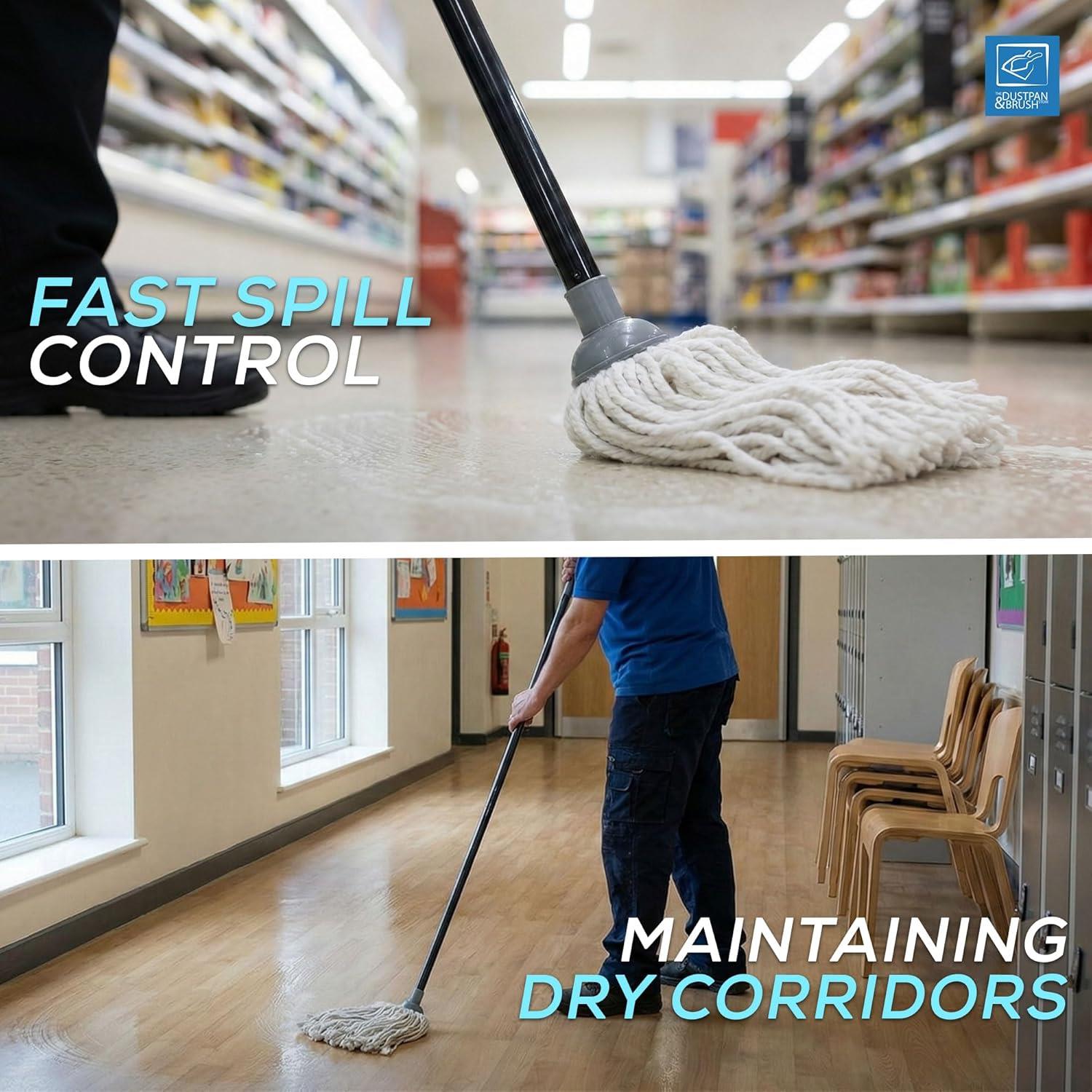 A split promotional image showing the Traditional Cotton Floor Mop in use. The top panel shows a close-up of the mop head on a polished floor in a store, with text reading 'FAST SPILL CONTROL. The bottom image shows a man cleaning a school hallway