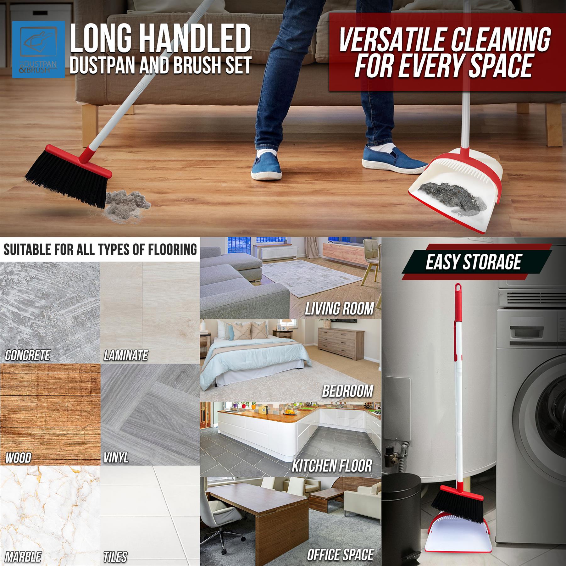 White & Red Long Handled Dustpan and Brush Set places to use the brush, versatile and easy to store