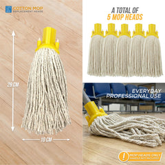 Cotton mop head replacement heads shown in a collage: one mop head with dimension arrows labeled 29 cm tall and 10 cm wide, five mop heads together, and one in use on a wooden floor. Text includes 'COTTON MOP REPLACEMENT HEADS,' 'A TOTAL OF 5 MOP HEADS,' and 'EVERYDAY PROFESSIONAL USE.