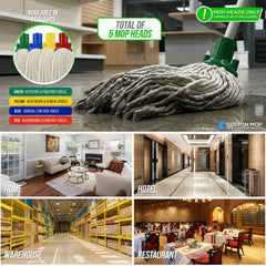 A cotton mop head product collage showing the mop head close-up, color options in a circular inset, and multiple real-world usage scenes including home, hotel, warehouse, and restaurant. Text highlights 'Total of 5 MOP heads' and includes the Cotton Mop brand.