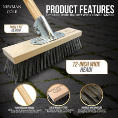 Newman Cole 12-inch wide head wire broom with a long wooden handle and dark metal bristles, shown on a dark paved surface with feature callouts and circular detail insets.