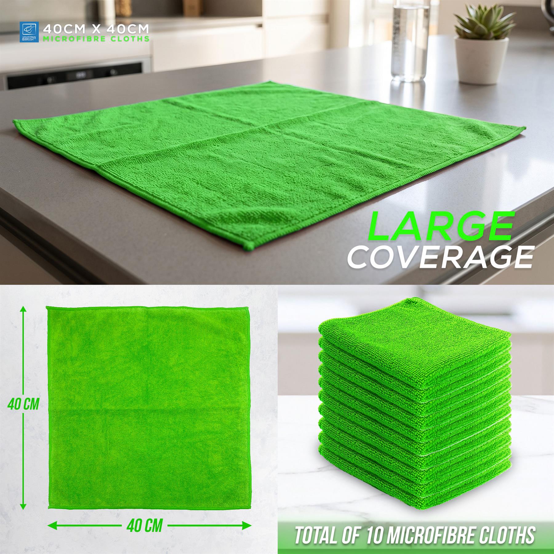 Bright green microfiber cloths shown in a kitchen setting, with one large cloth laid on a countertop, a stack of ten cloths on the right, and dimension labels indicating 40 cm by 40 cm. Text reads 'LARGE COVERAGE' and 'TOTAL OF 10 MICROFIBRE CLOTHS.