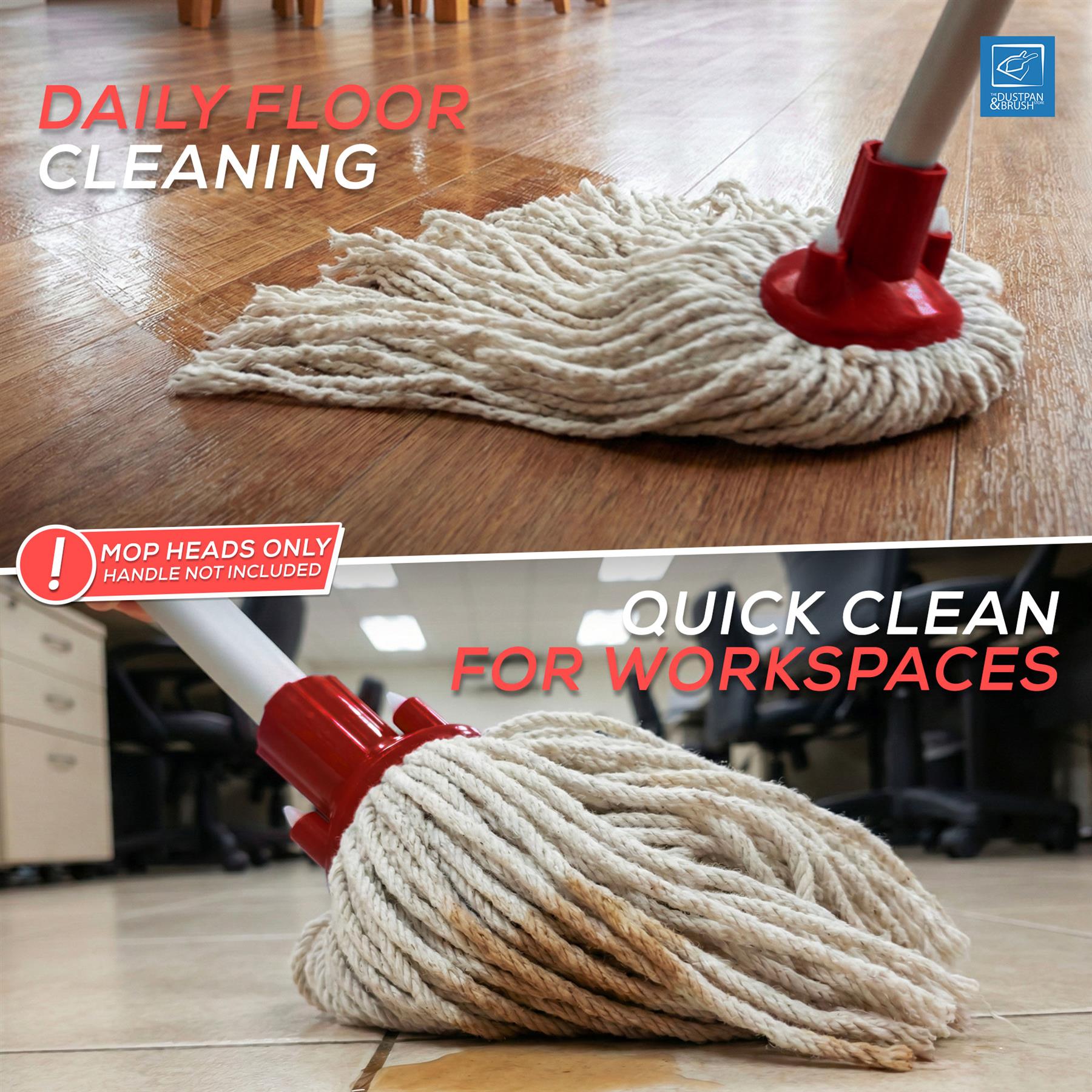 A two-panel promotional image showing a cordless floor mop on wooden and tiled floors, with text reading 'DAILY FLOOR CLEANING' and 'QUICK CLEAN FOR WORKSPACES.'