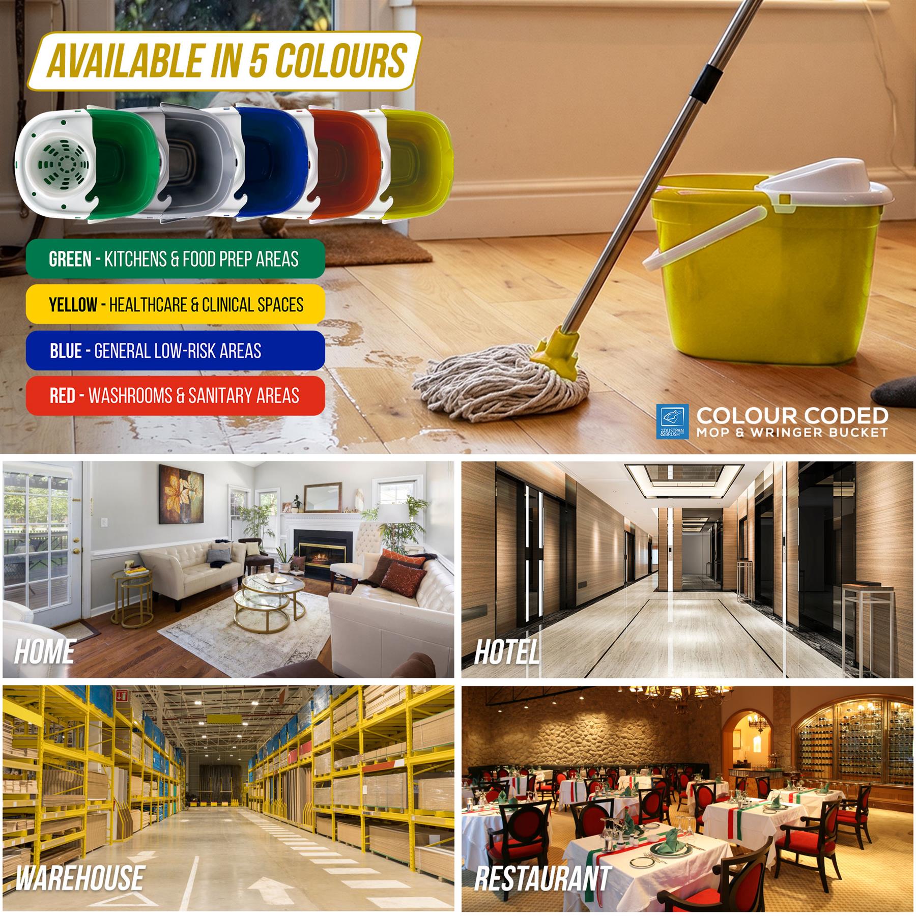 Color-coded mop and wringer bucket with application areas shown in various settings.