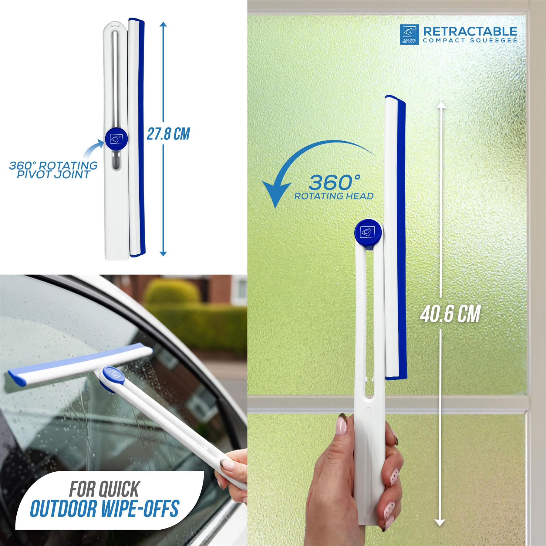 A retractable window squeegee shown in multiple views with measurement callouts and a lifestyle usage scene. The product is white with blue accents and a transparent blade.