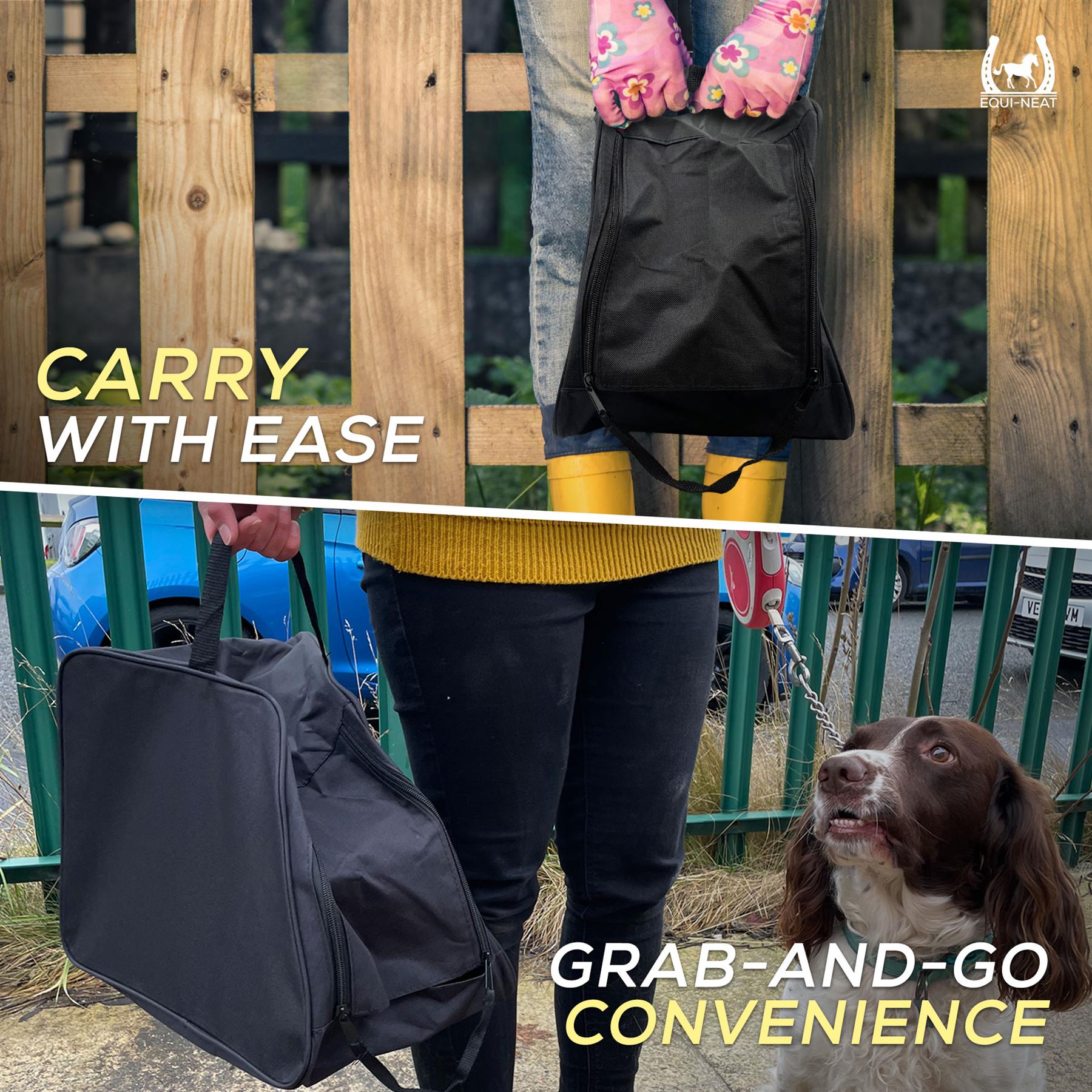 Environmental image of two ladies holding our Small Boot Bag for Wellies & Walking Boots, carry with ease and grab and go 