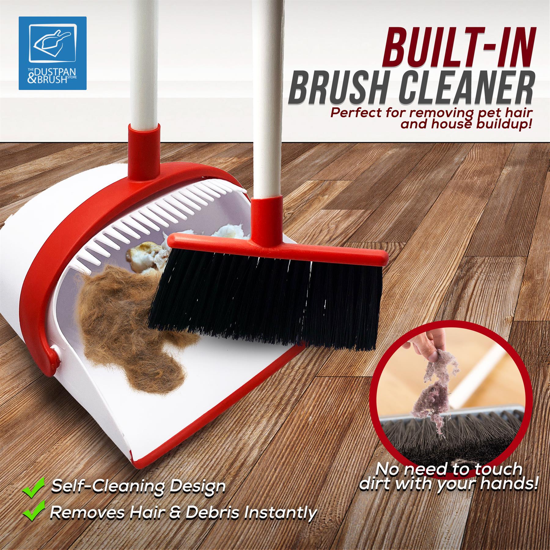 Dustpan and brush set with built-in brush cleaner on a wooden floor, featuring Dustpan & Brush brand.