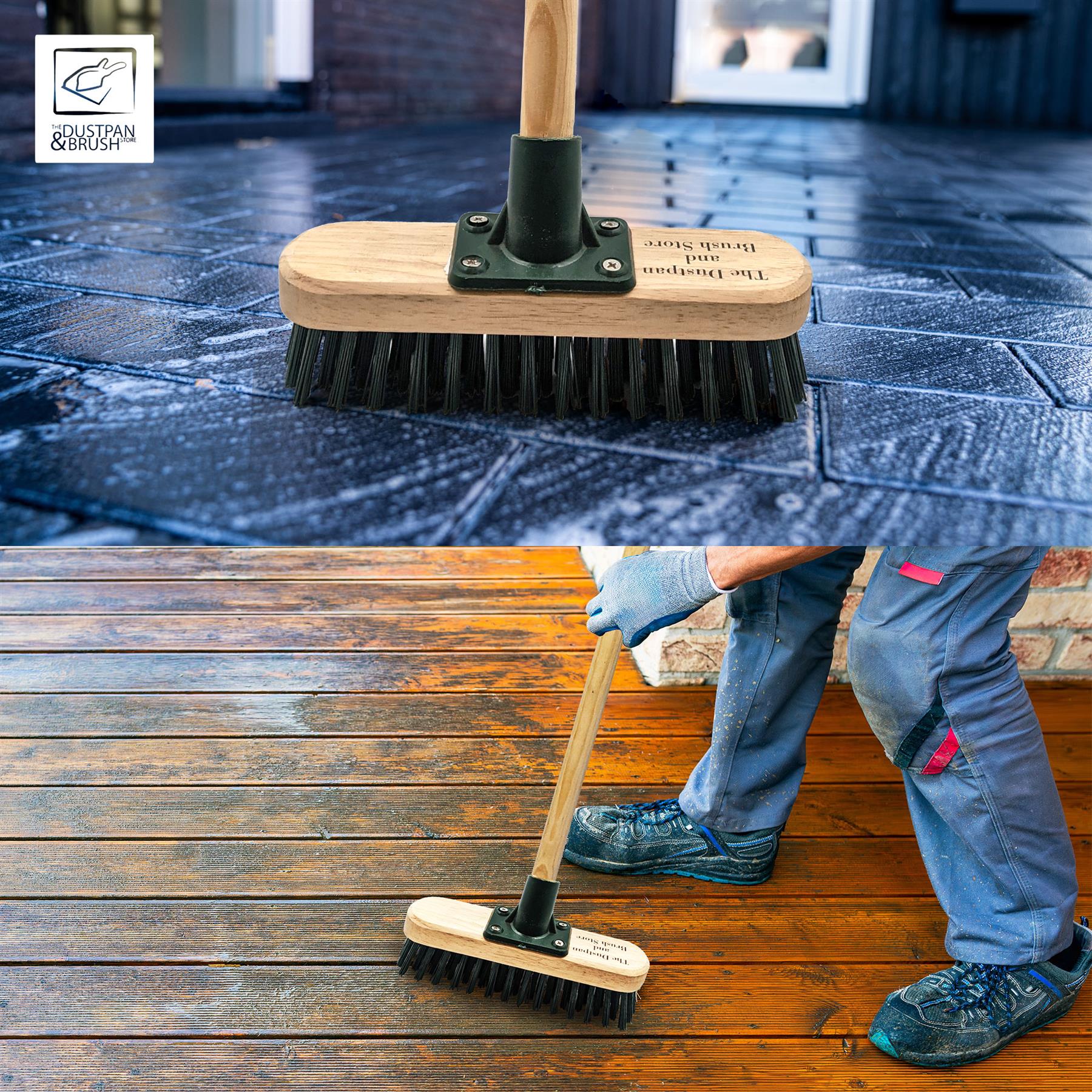 Person cleaning a wooden deck with a push broom on a patio.