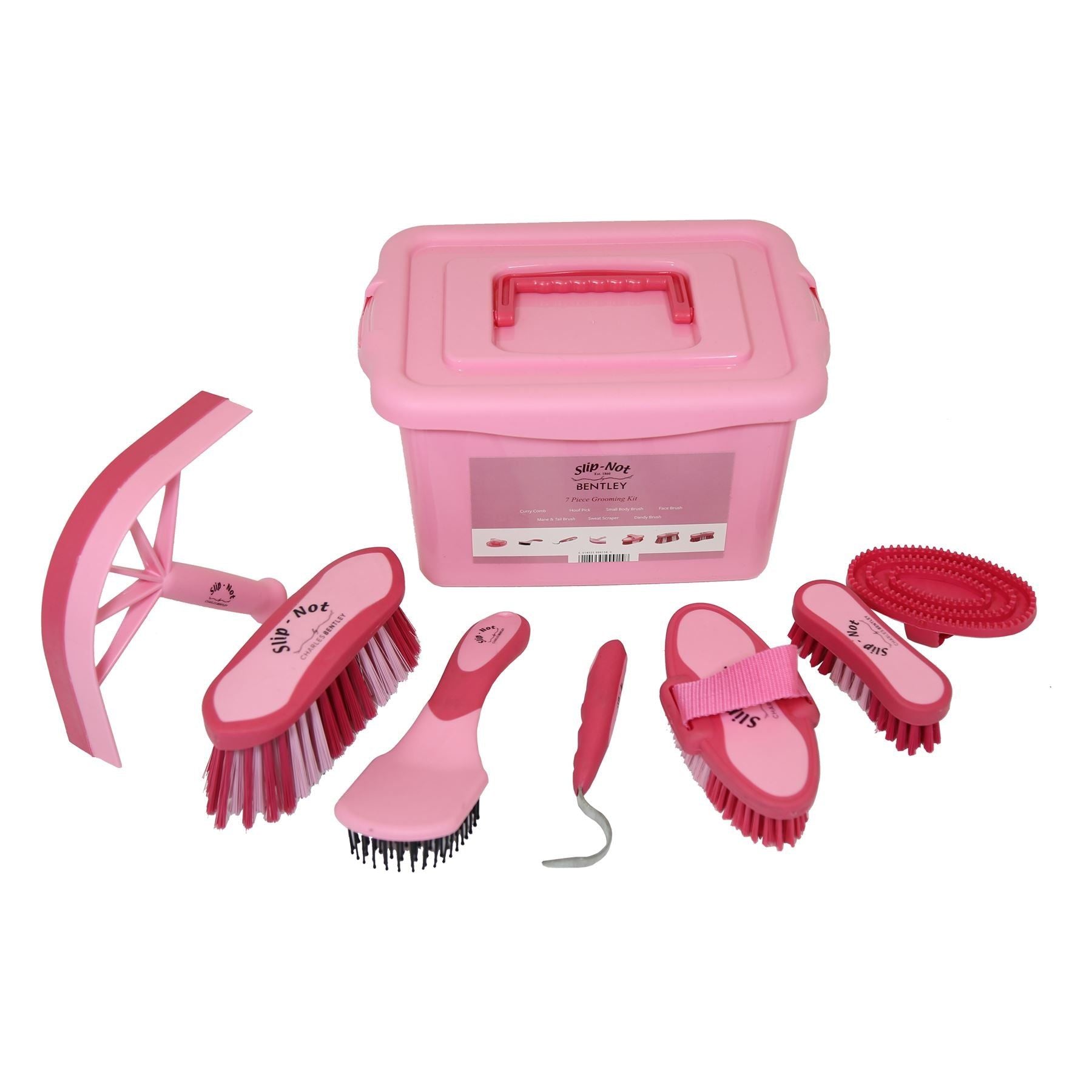 Charles Bentley Slip-Not Equestrian Horse Grooming Cleaning Brush Kit Pink Set