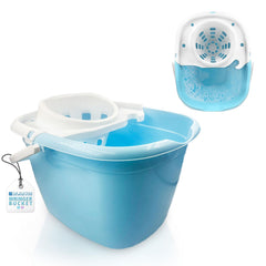 A light blue and white plastic wringer bucket with a hanging cord, shown alongside a smaller inset view of the lid and foot pedal assembly on a white background.