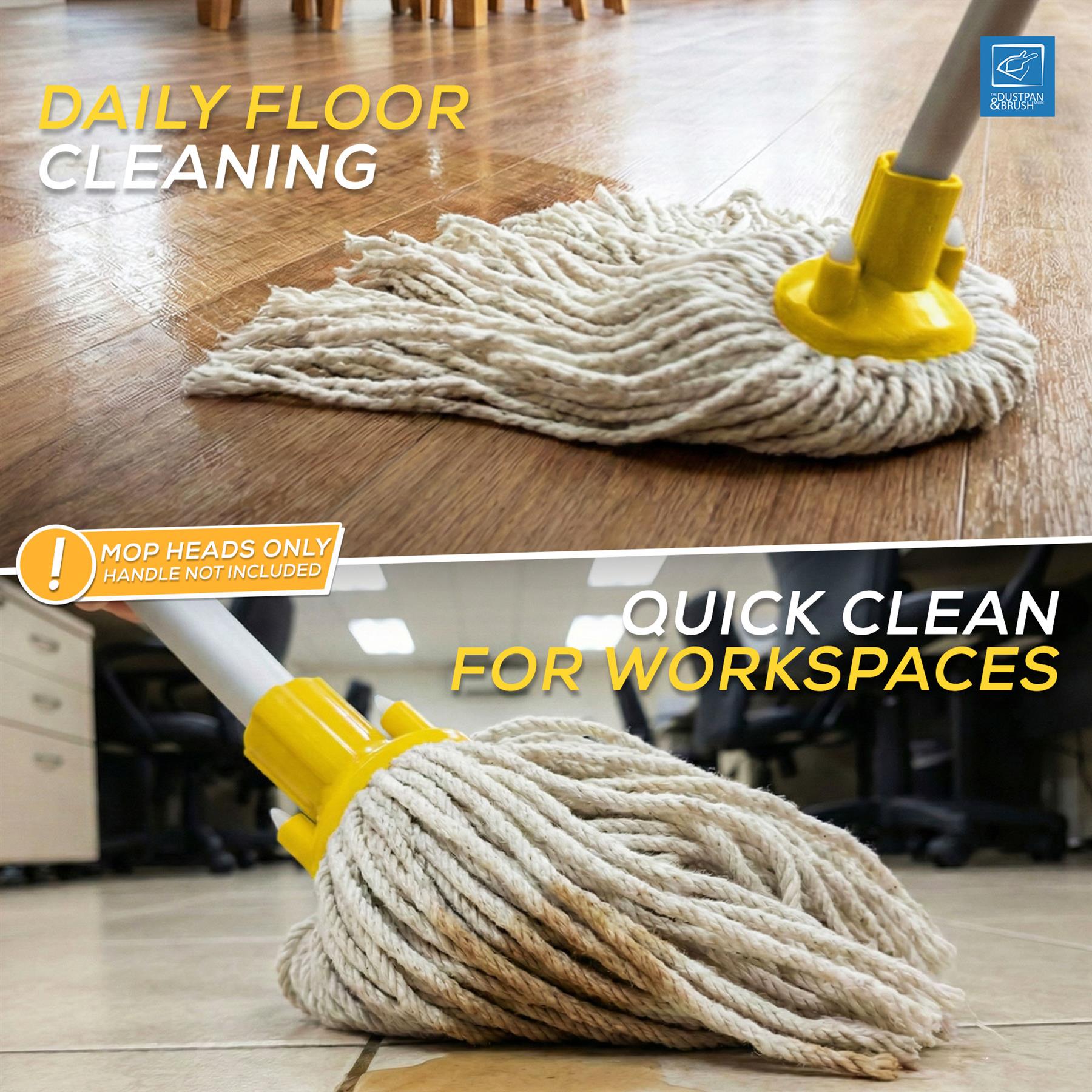 A rope floor mop with a yellow head and white handle shown on a wooden floor and a tiled floor, with promotional text reading 'DAILY FLOOR CLEANING' and 'QUICK CLEAN FOR WORKSPACES.'.