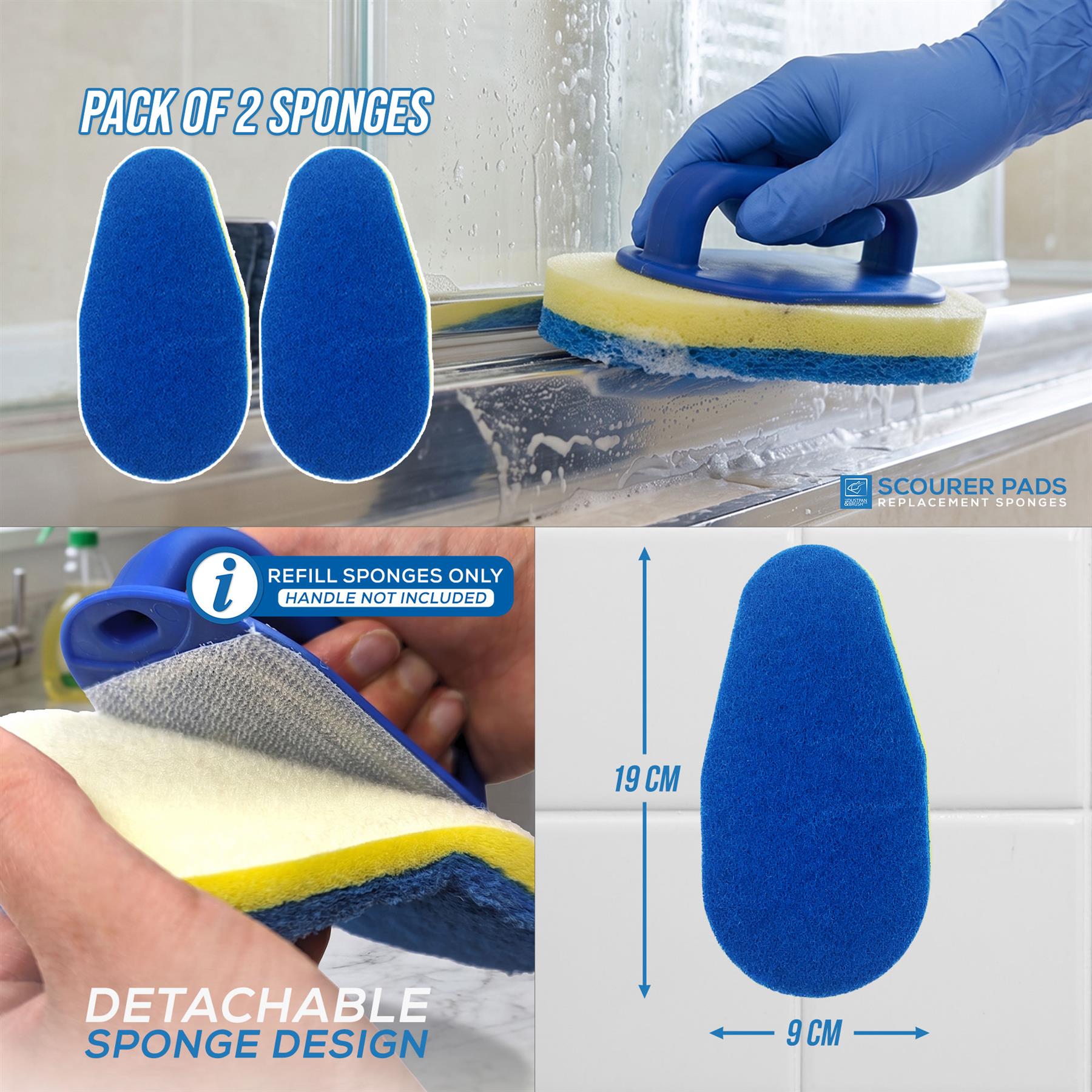 Pack of two detachable cleaning sponges shown in a collage with usage demonstration, refill instructions, and dimensions. The sponges are blue with yellow and white layered sponge bodies, and text highlights 'PACK OF 2 SPONGES', 'REFILL SPONGES ONLY HANDLE NOT INCLUDED', and measurements of 19 cm by 9 cm.