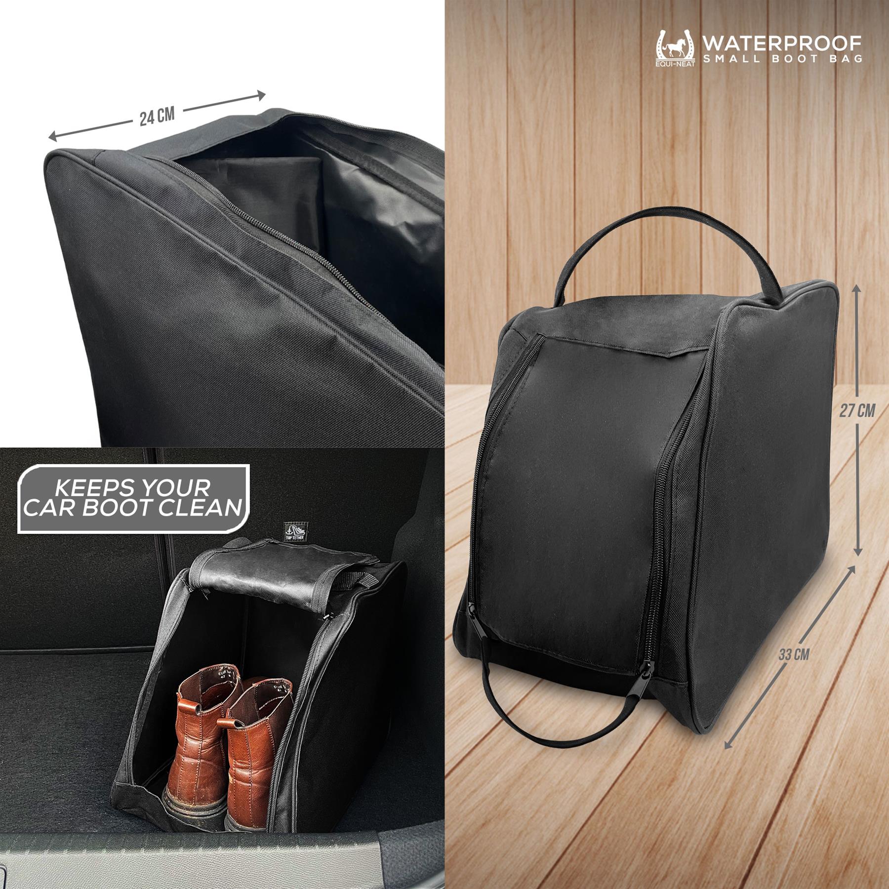 Black waterproof small boot bag shown in a multi-panel layout with dimensions on a white background, boot storage in a car boot, and a wood floor background. 