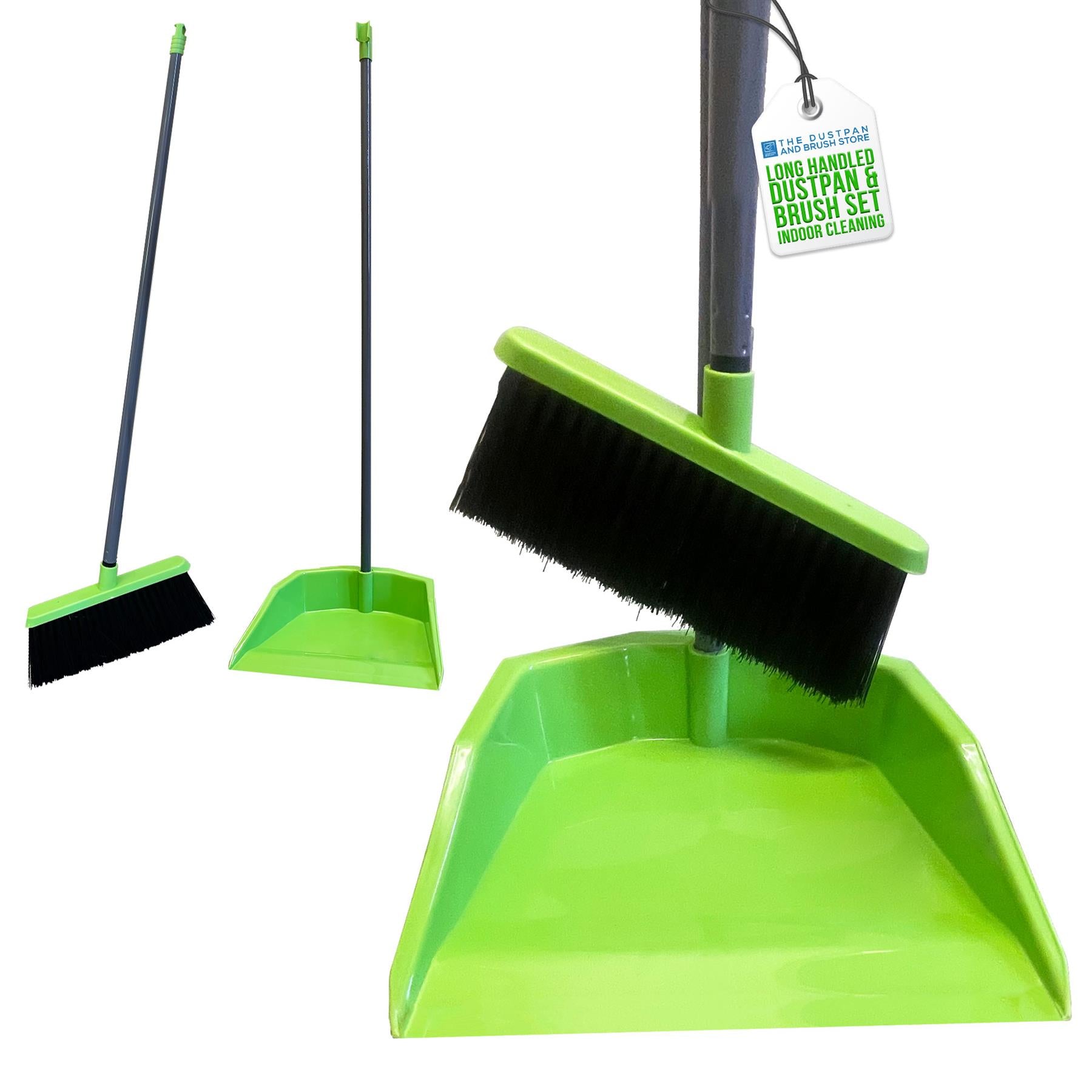 A bright lime green broom, dustpan, and push broom set on a white background. The set includes a long-handled brush, a push broom with a green dustpan, and a larger push broom with a green dustpan, all with black bristles.