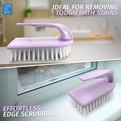 Lilac Iron cleaning brush with text about removing tough bath stains and effortless edge scrubbing.