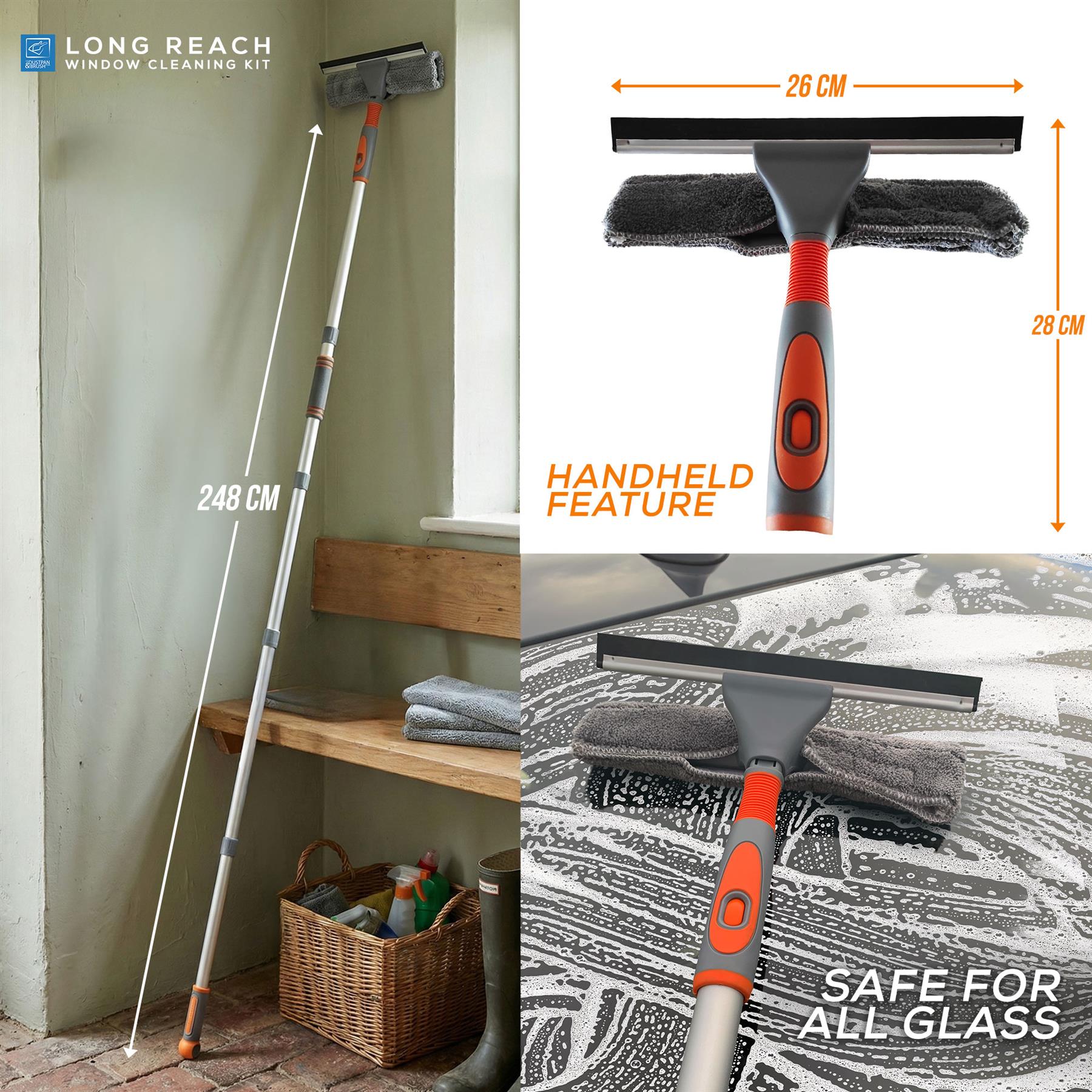 Window cleaning kit with squeegee, long reach pole, and safety information on a white background.