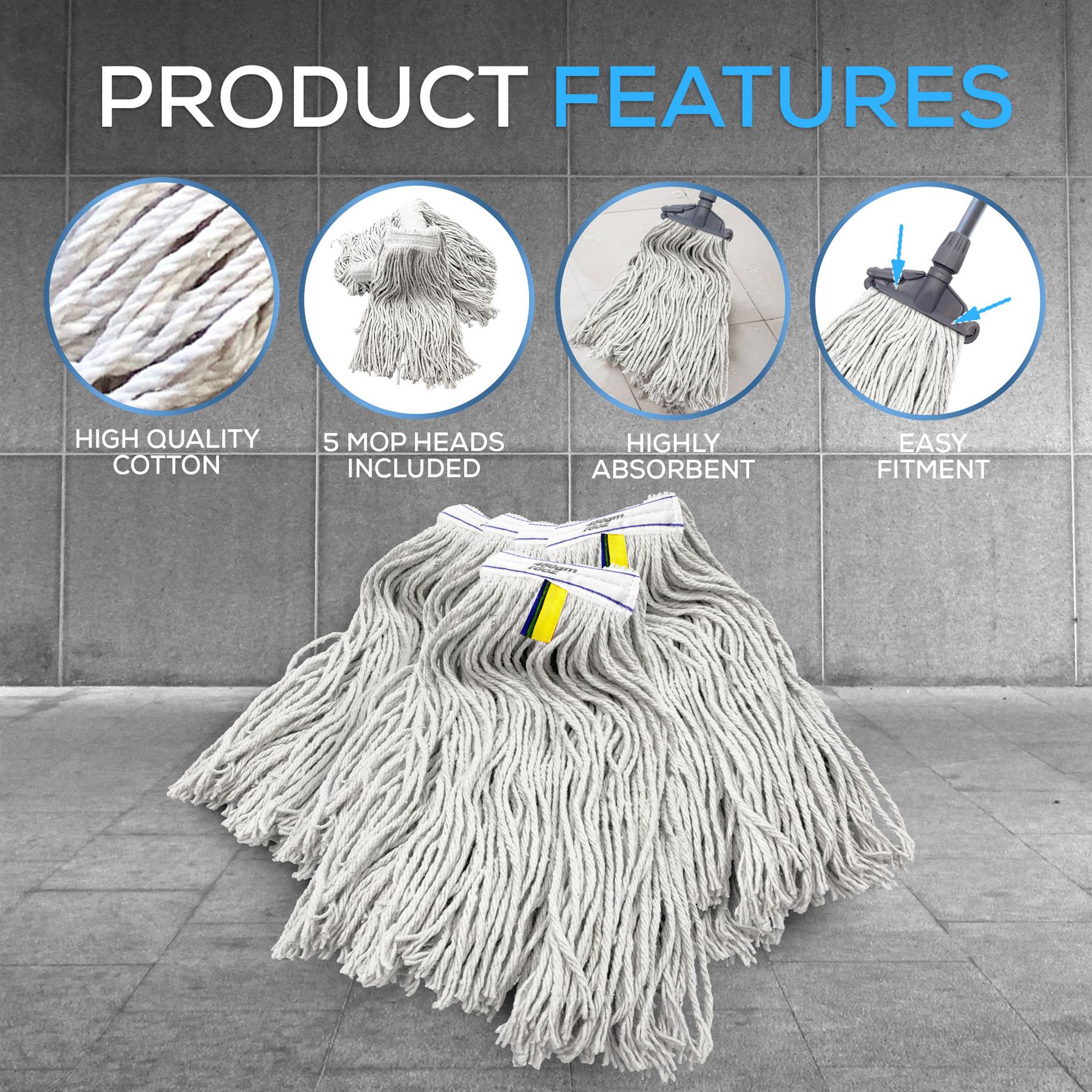 Kentucky Mop Head product features - high quality cotton, highly absorbent and easy fitment. Pack of 5