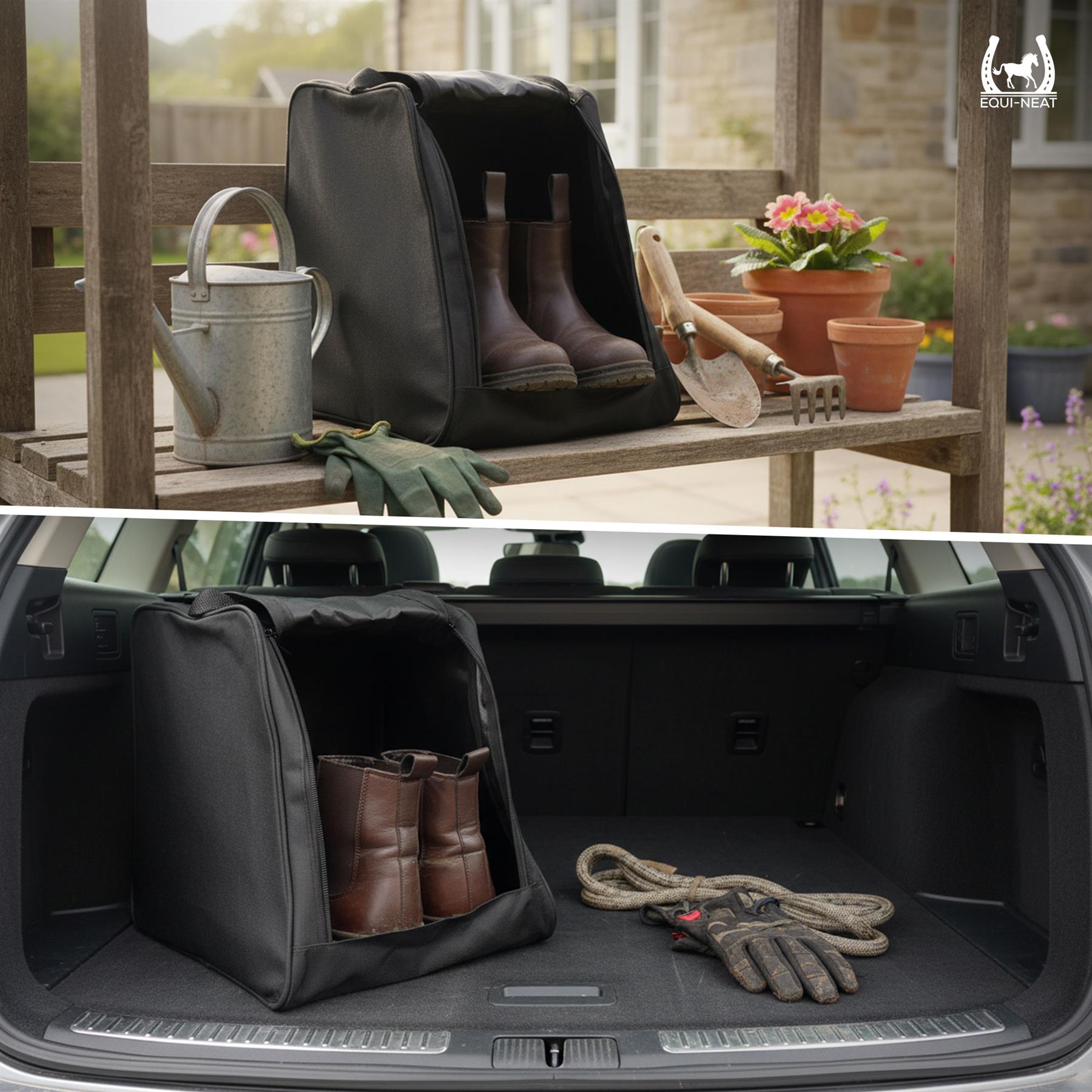 the Small Boot Bag for Wellies & Walking Boots shown in two views: outdoors on a wooden porch with gardening tools and potted plants, and inside a car boot with boots and gloves stored inside. With our Equi-Neat logo in the top right corner