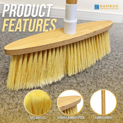Bamboo sweeping broom with features highlighted on a concrete floor.