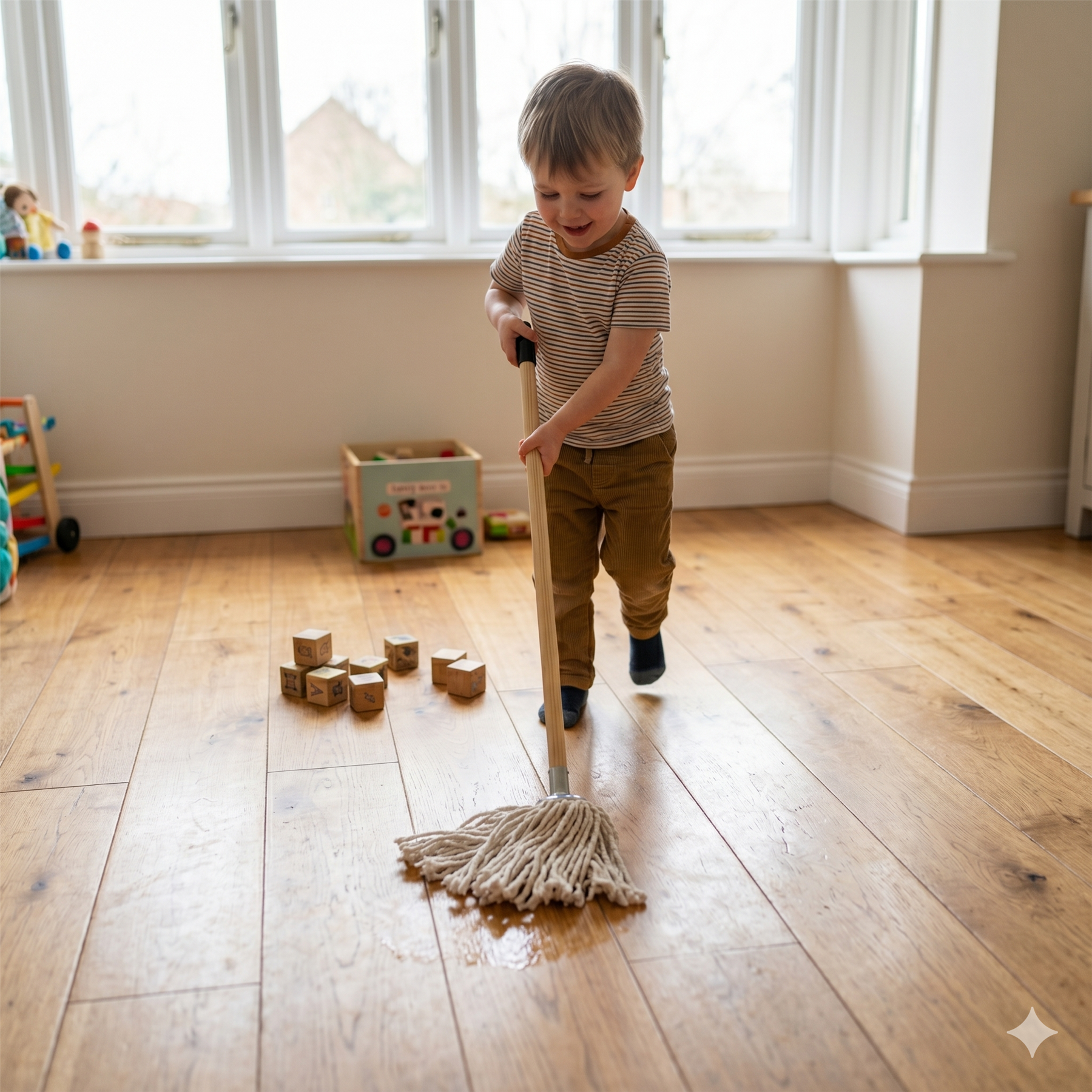 Child mopping a wooden floor with toys scattered around
