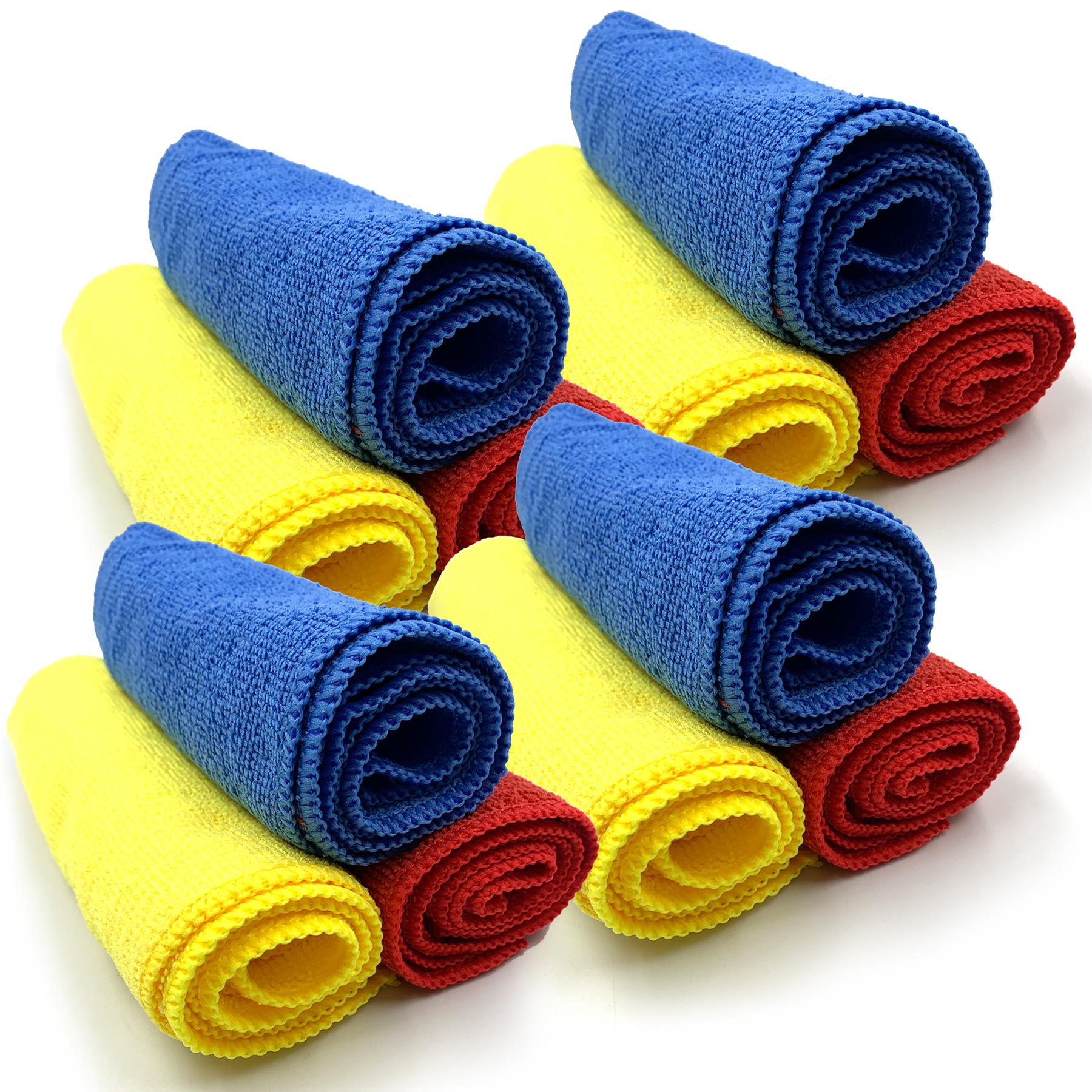 Twelve microfiber cleaning cloths rolled into cylinders, arranged in two rows on a white background. The set includes blue, yellow, and red cloths.
4 packs of 3 