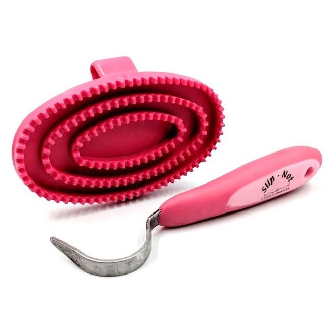 Charles Bentley Slip-Not Equestrian Horse Grooming Cleaning Brush Kit Pink Set