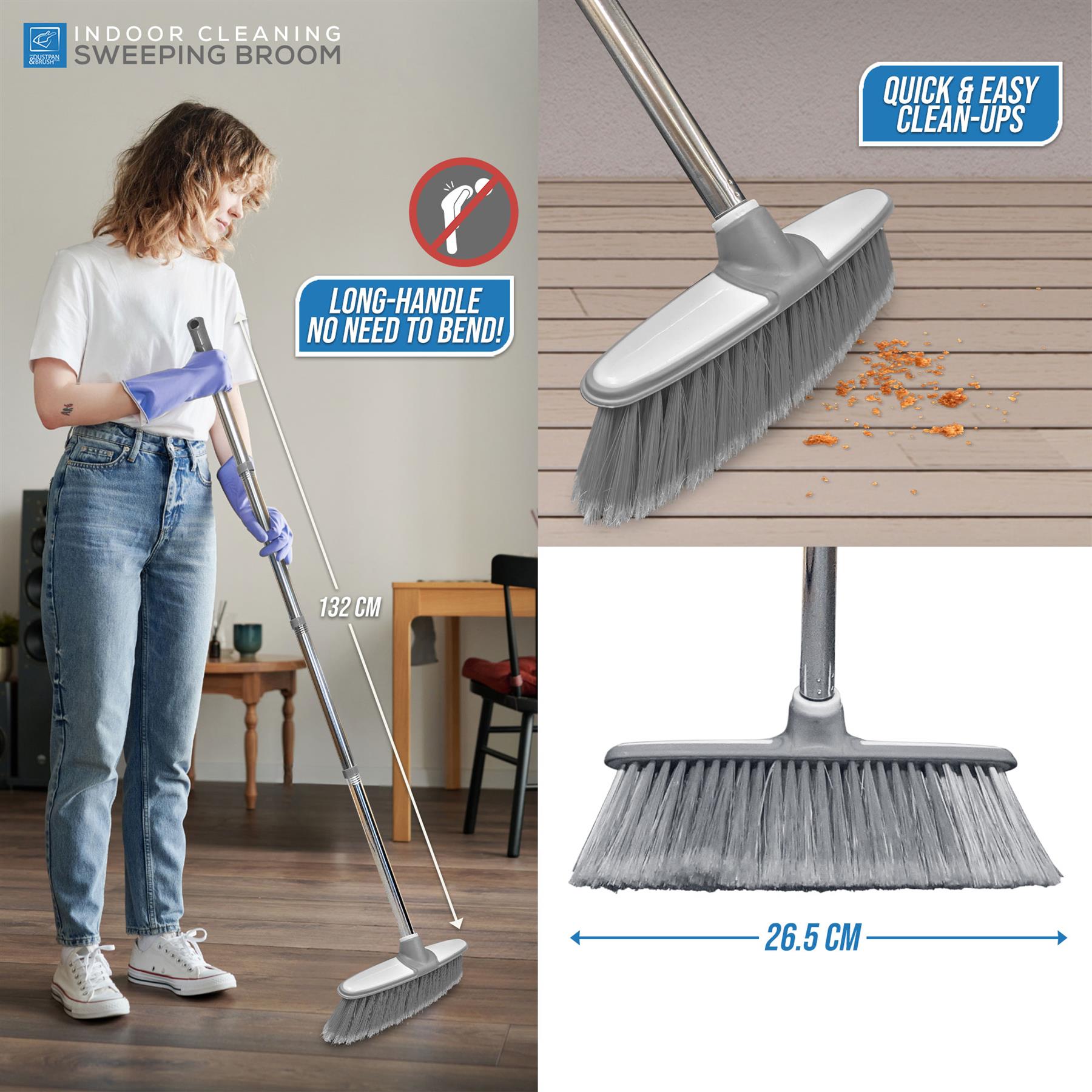 Grey & White Indoor Broom with 4 Piece Handle - The Dustpan and Brush Store