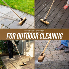 Collage of a deck scrubber being used on various outdoor surfaces with text about its use.