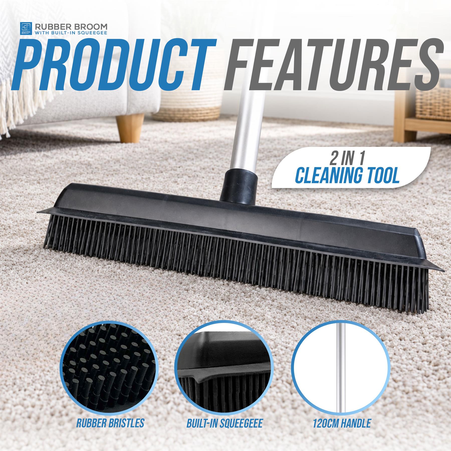 Rubber Broom Pet Hair Remover for Carpets & Hard Floors - Fixed Handle
