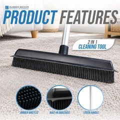 Rubber Broom Pet Hair Remover for Carpets & Hard Floors - Fixed Handle