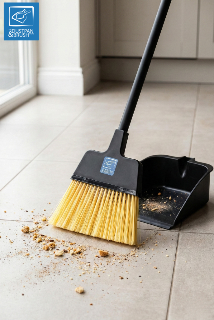 A black plastic broom and dustpan set with yellow bristles, shown on a light tile floor with crumbs scattered nearby. 