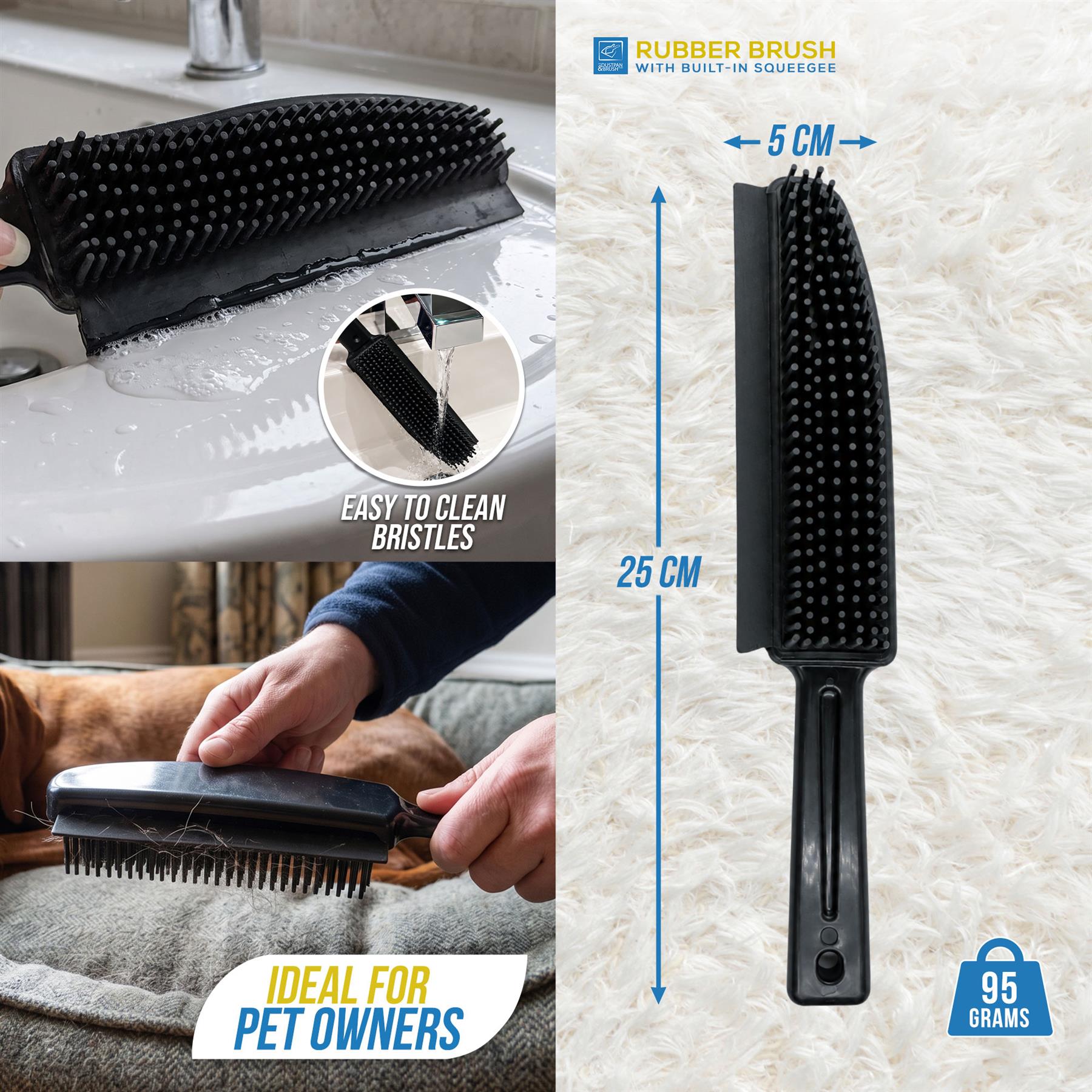 Rubber Pet Hair Remover Brush | 2-in-1 Cleaning Brush with Squeegee - The Dustpan and Brush Store