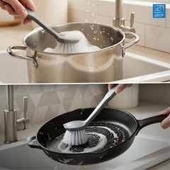 Cleaning a pot and a frying pan with a scrubber in a kitchen setting.