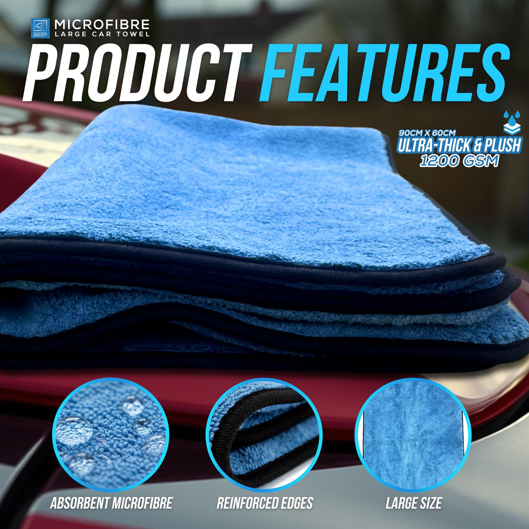 A stack of blue microfibre car towels with black reinforced edges, shown on a red car hood with promotional text and three circular feature callouts for absorbency, reinforced edges, and size.