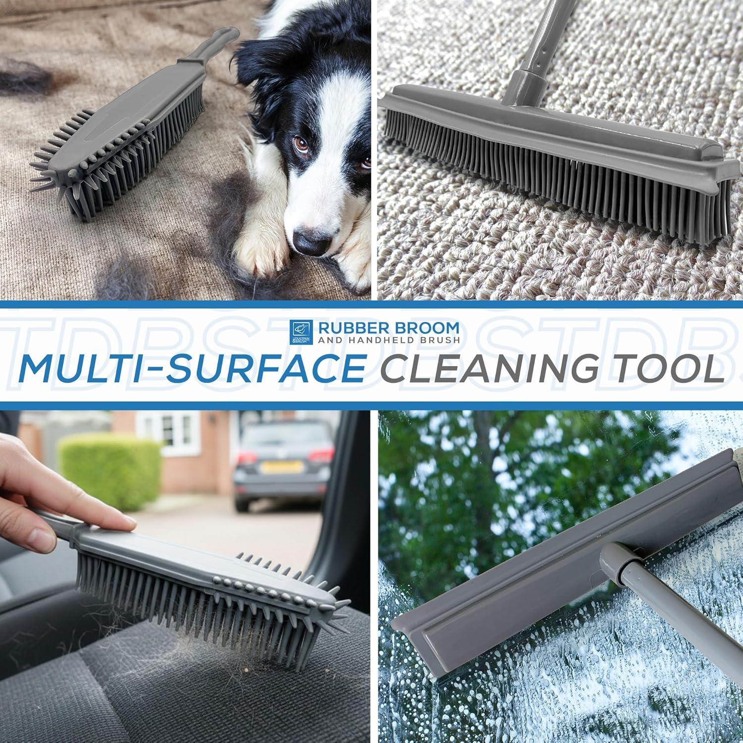 A multi-surface cleaning tool shown in four panels: a dog lying on a carpeted floor next to it, the brush on a textured rug, a hand using the brush on a car seat, and the brush scraping water and dirt from a window. Text across the center reads 'RUBBER BROOM AND HANDS-FREE BRUSH MULTI-SURFACE CLEANING TOOL'.
