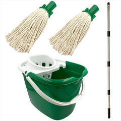 Green Mop Bucket with 2 Cotton Mop Heads and 4 Piece Handle