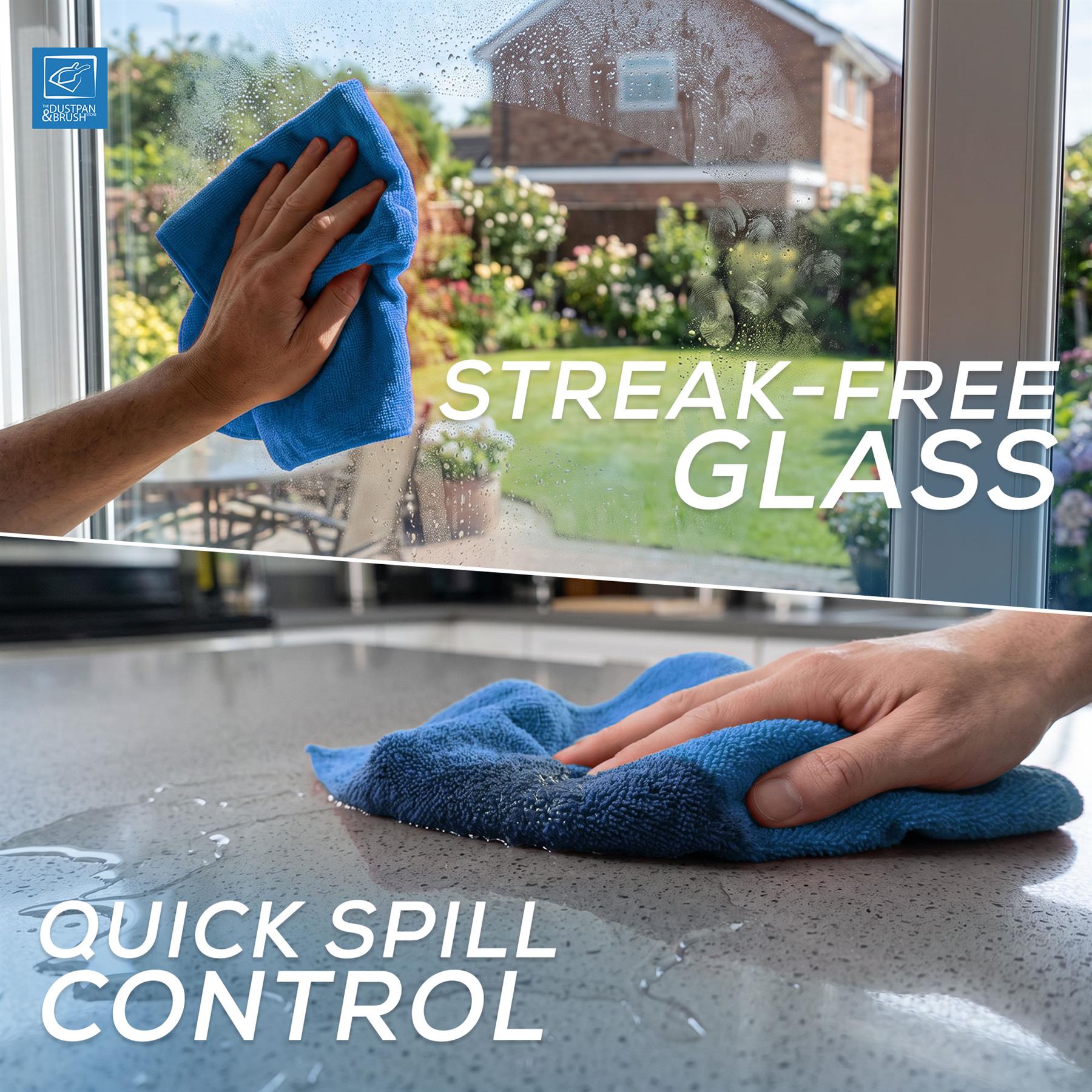 A split promotional image showing a hand wiping a window with a blue microfibre cloth and another hand wiping a countertop spill with the same cloth. Large text reads 'STREAK-FREE GLASS' and 'QUICK SPILL CONTROL,' with a small CLEANPRO logo in the top-left corner.
