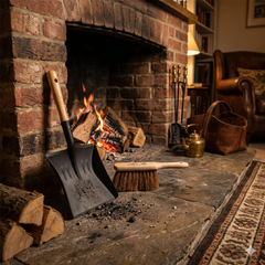 Cozy living room with a lit fireplace, logs, and fireplace tools.