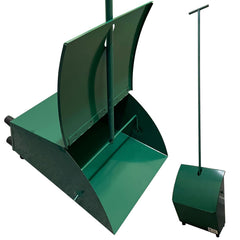 A green metal snow shovel and matching snow scoop set shown on a plain white background, with the shovel open and the scoop closed.